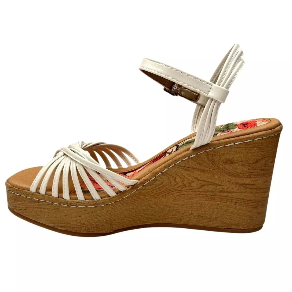 BOC Catalina Women's Platform Wedge Sandal Size 8 White/Tan‎ Glossy Straps Twist